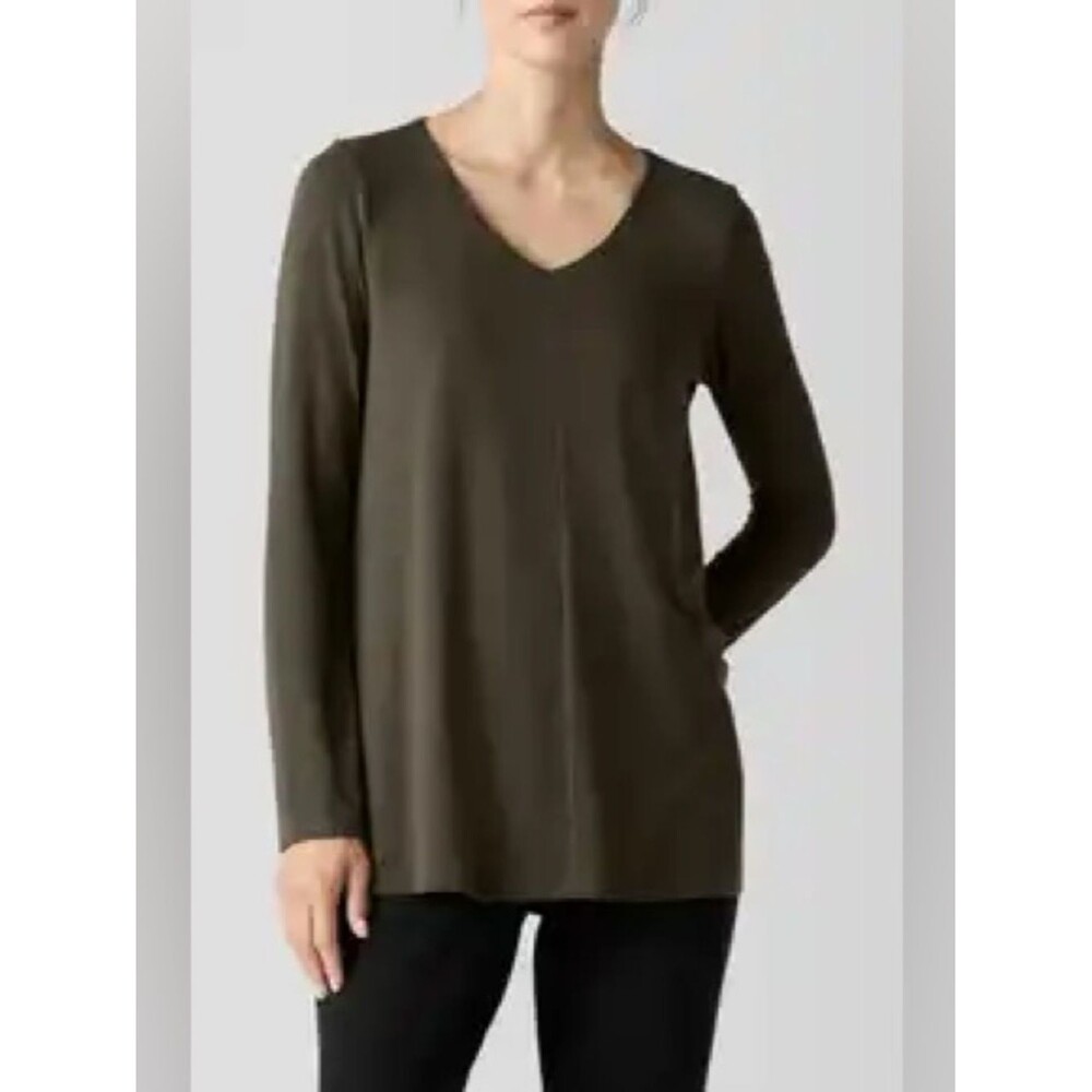 Eileen Fisher Army Green V Neck Long Sleeve Blouse Top Basic Sz L